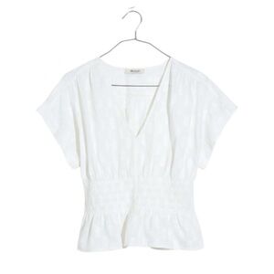 NWT Madewell White Smocked Peplum Cotton V Neck Short Sleeve Top Blouse Small
